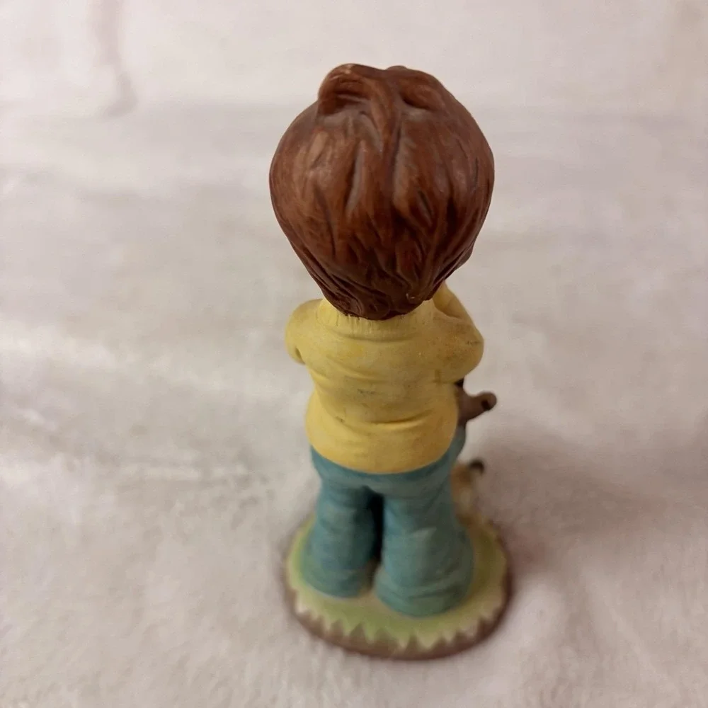 Vintage 80s Porcelain Boy Figurine Slingshot Cat As-Is / Missing Bird on Head